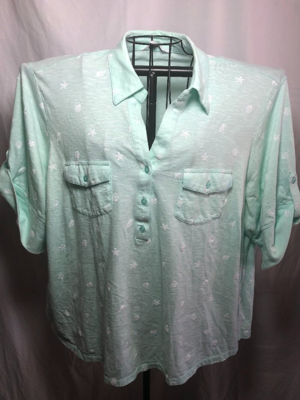 Coral Bay 1/2 Sleeve 2X Woman Green Nautical Top 27" Pit to Pit